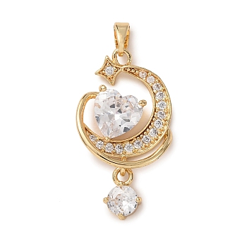 Brass Micro Pave Cubic Zirconia Pendants, Moon & Heart Charms, Golden, Clear, 29x16x4.5mm, Hole: 5x2mm