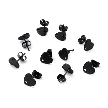 304 Stainless Steel Stud Earring Findings, with Ear Nuts, Heart, Electrophoresis Black, 12x9mm, Hole: 1.4mm, Pin: 0.7mm