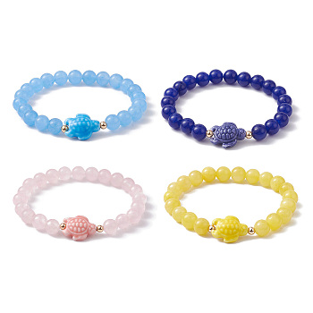 Dyed Natural Jade and Sea Turtle Porcelain Bead Stretch Bracelets for Women, Mixed Color, Inner Diameter: 2 inch(5.2cm)