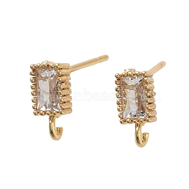 Real 18K Gold Plated Clear Rectangle Brass+Cubic Zirconia Stud Earring Findings