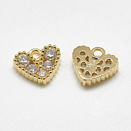 Brass Charms, with Cubic Zirconia, Heart, Clear, Real 18K Gold Plated, 6.5x7.5x2mm, Hole: 1mm(KK-S347-059)