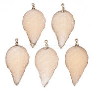 Electroplate Druzy Resin Big Pendants, with Iron Findings, Leaf, Light Gold, Cornsilk, 56~57x27~28x3mm, Hole: 1.6mm(RESI-S366-22T)