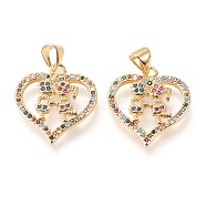 Brass Micro Pave Clear Cubic Zirconia Pendants, Heart with Couple, Long-Lasting Plated, Heart with Human, Colorful, Golden, 24x18x3mm, Hole: 5x4mm(ZIRC-L096-33G)