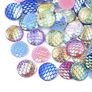 Resin Cabochons, AB Color Plated, Flat Round with Mermaid Fish Scale Pattern, Mixed Color, 12x3.5mm(CRES-T016-005B)