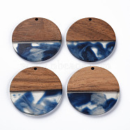 Transparent Resin & Walnut Wood Pendants, Two Tone, Flat Round, Marine Blue, 38.5x3mm, Hole: 2mm(RESI-T035-35C)
