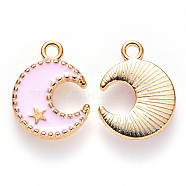 Alloy Enamel Pendants, Moon & Star, Light Gold, Pink, 16x13x2mm, Hole: 1.8mm(ENAM-S121-063A)