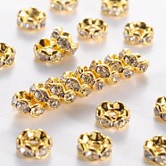 Middle East Rhinestone Spacer Beads, Clear, Brass, Golden Metal Color, Nickel Free, Size: about 6mm in diameter, 3mm thick, hole: 1mm(RSB028NF-01G)