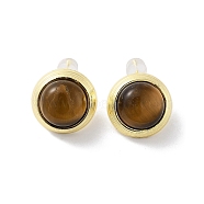 Natural Tiger Eye Ear Studs, with Brass and 925 Sterling Silver Pins, Half Round, Real 14K Gold Plated, 16.5mm(EJEW-P256-63G)
