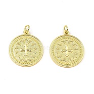 Brass Pendants, with Jump Ring, Long-Lasting Plated, Lead Free & Cadmium Free, Flat Round with Cross Charm, Real 18K Gold Plated, 22.5x20x2mm, Hole: 3.4mm(KK-K346-09G)