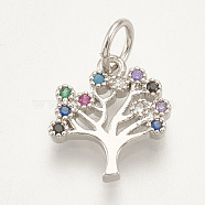 Brass Micro Pave Cubic Zirconia Charms, Tree, Colorful, Platinum, 11x10.5x1.5mm, Hole: 3mm(ZIRC-S061-56P)