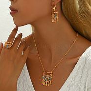 Bohemian Ethnic Style Vintage Brass Cubic Zirconia Moon Tassel Earrings & Necklaces & Rings Set for Women, Golden(JX3653)