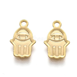 201 Stainless Steel Charms, Laser Cut, Hamsa Hand/Hand of Fatima/Hand of Miriam with Evil Eye , Real 18k Gold Plated, 13x8x0.5mm, Hole: 1.4mm(STAS-B001-03G)