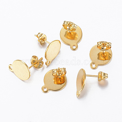 304 Stainless Steel Stud Earring Findings, with Loop and Flat Plate, Real 24K Gold Plated, 12x10x0.8mm, Hole: 1.2mm, Pin: 0.8mm(STAS-H558-27G)