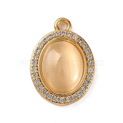 Brass Micro Pave Clear Cubic Zirconia Pendants, Cadmium Free & Nickel Free & Lead Free, with Cat Eye, Real 18K Gold Plated, Oval, PeachPuff, 18.5x13x4mm, Hole: 1.6mm(KK-Z066-06G-01)