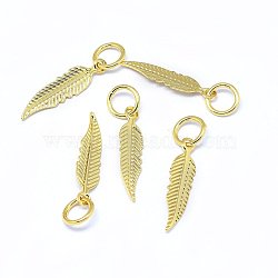 Brass Pendants, Leaf, Real 18K Gold Plated, 15x3.5x0.3mm, Hole: 3.5mm(X-KK-F764-02G)