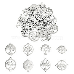 32Pcs 8 Styles 201 Stainless Steel Connector Charms, Laser Cut, Flat Round with Tree of Life, Stainless Steel Color, 15~21x15~19x1mm, Hole: 1~1.8mm, 4pcs/style(STAS-AR0001-35)