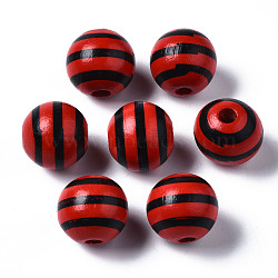 Painted Natural Wood European Beads, Large Hole Beads, Printed, Round with Stripe, Black, 16x15mm, Hole: 4mm(WOOD-S057-047B)