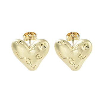 Heart with Word Love Brass Stud Earrings, Long-Lasting Plated, Lead Free & Cadmium Free, Real 18K Gold Plated, 15.5x17.5mm