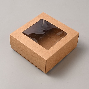 Square Cardboard Paper Gift Box, with PVC Visual Window, BurlyWood, 12x12x4.75cm