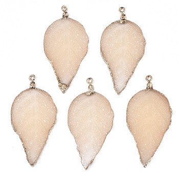 Electroplate Druzy Resin Big Pendants, with Iron Findings, Leaf, Light Gold, Cornsilk, 56~57x27~28x3mm, Hole: 1.6mm