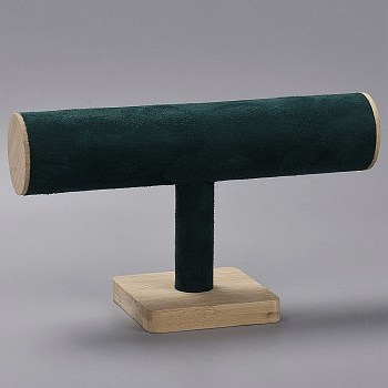 Faux Suede T-Shaped Bar Bracelet Display Stands with Wooden Base, Tabletop Bracelet Organizer Holder, Dark Green, 23.8x9.1x14.4cm