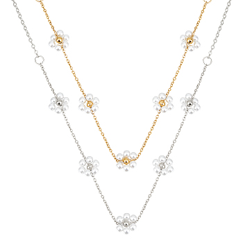 ANATTASOUL 2Pcs 2 Color Imitation Pearl Flower Pendant Necklaces Set with Brass Chains for Women, Platinum & Real 18K Gold Plated, 17.01 inch(43.2cm), 1Pc/color