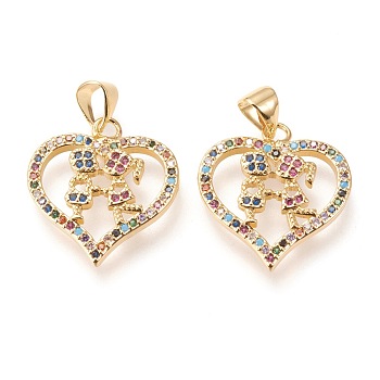 Brass Micro Pave Clear Cubic Zirconia Pendants, Heart with Couple, Long-Lasting Plated, Heart with Human, Colorful, Golden, 24x18x3mm, Hole: 5x4mm