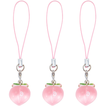 Cell Phone Strap Charm, Peach Resin Charm Hanging Keychain for Women, with Polyester Cord, Pink, 8.4cm, 3pcs/set
