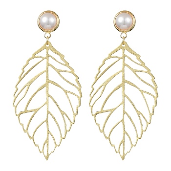 Hollow Leaf Brass Dangle Stud Earrings, with ABS Imitation Pearl, Golden, 65x31mm