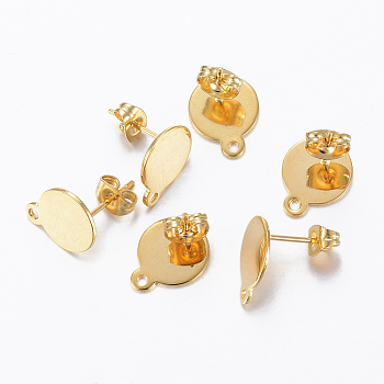 304 Stainless Steel Stud Earring Findings, with Loop and Flat Plate, Real 24K Gold Plated, 12x10x0.8mm, Hole: 1.2mm, Pin: 0.8mm