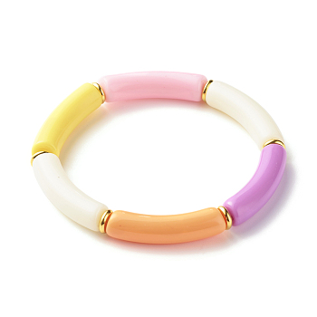 Candy Color Acrylic Curved Tube Beads Stretch Bracelet for Girl Women, Colorful, Inner Diameter: 2-1/8 inch(5.4cm)