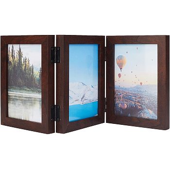 Hinged Wood Picture Frames Box, 3 Vertical Openings, with Glass Front, for Bedroom Living Room Office Desktop, Coconut Brown, 20.9x16.3x6.05cm, Unfold: 20.9x48x2cm, Inner Size: 16.9x11.75cm