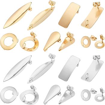 304 Stainless Steel Stud Earring Findings, with Loop, Mixed Shapes, Golden & Stainless Steel Color, 7.4x7.2x1.5cm, 20pcs/box