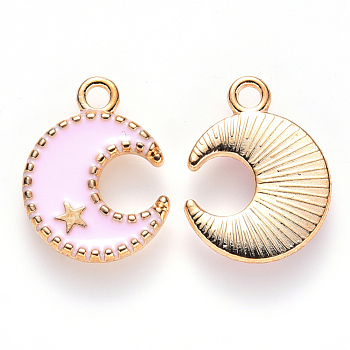 Alloy Enamel Pendants, Moon & Star, Light Gold, Pink, 16x13x2mm, Hole: 1.8mm