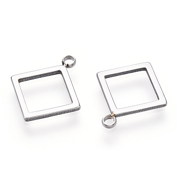 304 Stainless Steel Pendants, Manual Polishing, Rhombus Charm, Hollow, Stainless Steel Color, 15.5x13x1mm, Hole: 1.6mm