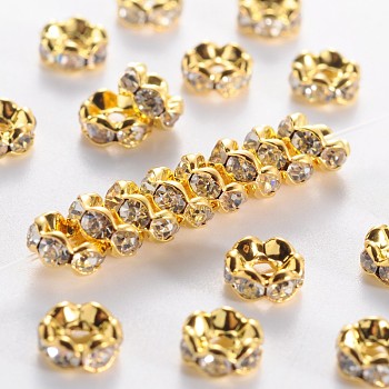 Middle East Rhinestone Spacer Beads, Clear, Brass, Golden Metal Color, Nickel Free, Size: about 6mm in diameter, 3mm thick, hole: 1mm