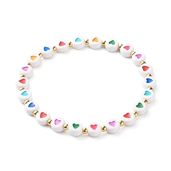 Heart Opaque Acrylic Beads Stretch Bracelet for Teen Girl Women, 304 Stainless Steel Beads Bracelet, Colorful, Inner Diameter: 2-1/8 inch(5.5cm)