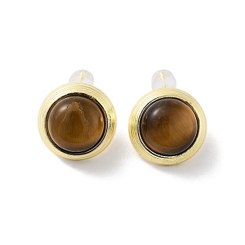 Natural Tiger Eye Ear Studs, with Brass and 925 Sterling Silver Pins, Half Round, Real 14K Gold Plated, 16.5mm