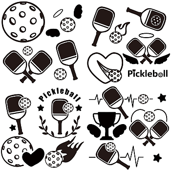 4Pcs 4 Styles PET Waterproof Self-adhesive Car Stickers, Pickleball Reflective Decals for Car, Motorcycle Decoration, Black, Sports Themed Pattern, 200x200mm, 1pc/style