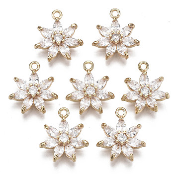 Brass Micro Pave Cubic Zirconia Pendants, Flower, Long-Lasting Plated, Light Gold, Clear, 15x13x3.5mm, Hole: 1.4mm