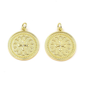 Brass Pendants, with Jump Ring, Long-Lasting Plated, Lead Free & Cadmium Free, Flat Round with Cross Charm, Real 18K Gold Plated, 22.5x20x2mm, Hole: 3.4mm