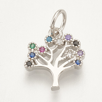 Brass Micro Pave Cubic Zirconia Charms, Tree, Colorful, Platinum, 11x10.5x1.5mm, Hole: 3mm
