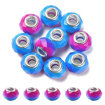 Glass European Beads, Large Hole Beads, with Silver Tone Brass Double Cores, Faceted Rondelle, Royal Blue, 14x9mm, Hole: 5mm