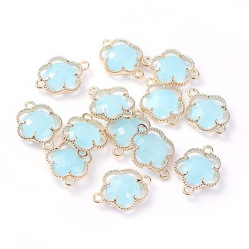 Glass Links connectors, with Eco-Friendly Alloy Open Back Berzel Findings, Faceted, Flower, Light Gold, Light Sky Blue, 15.5x12x3mm, Hole: 1.4mm
