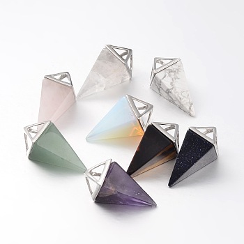 Natural & Synthetic Mixed Stone Point Pendulum Pendants, with Platinum Plated Brass Findings, 30~34x15x15mm, Hole: 5x6mm