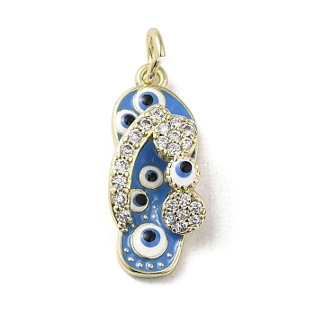 Brass Micro Pave Cubic Zirconia Pendants, with Enamel, with Jump Ring, Real 18K Gold Plated, Slipper
 with Evil Eye, Deep Sky Blue, 20x8.5x5.7mm, Hole: 3.2mm