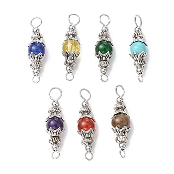 7Pcs 7 Styles Mixed Gemstone Round Connector Charms, with Antique Silver Tone Alloy Bead Caps, Dyed and Undyed, 29.5x8.5mm, Hole: 1.8mm and 3.3mm, 1pc/style