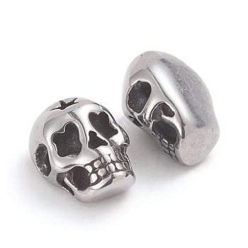 Halloween 304 Stainless Steel Beads, Skull Head, Antique Silver, 13.2x10x8.5mm, Hole: 1.8mm