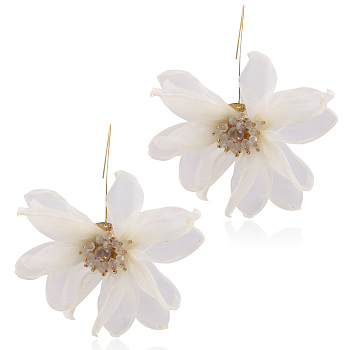 Alloy Dangle Earrings, with Organza and Rhinestone, Flower, White, 100x100mm