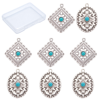 CREATCABIN 8Pcs 2 Style Alloy Pendants, with Synthetic Turquoise, Cadmium Free & Nickel Free & Lead Free, Mixed Shape, Thailand Sterling Silver Plated, 31~31.5x23~28x4~4.5mm, Hole: 1.5~1.8mm, 4pcs/style